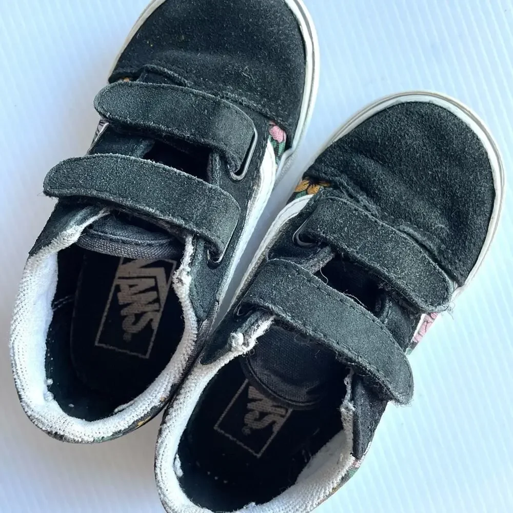 VANS Old Skool Floral Sneakers Toddler Size 1 Black Velcro Retro Skater Suede - Picture 5 of 9